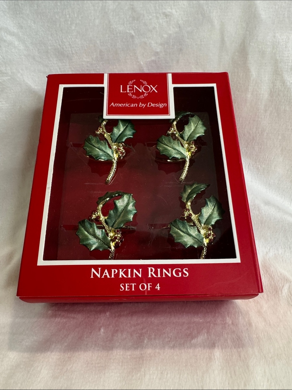 Lenox Holly Napkin Rings Green Gold, Red Berries (Set of 4)